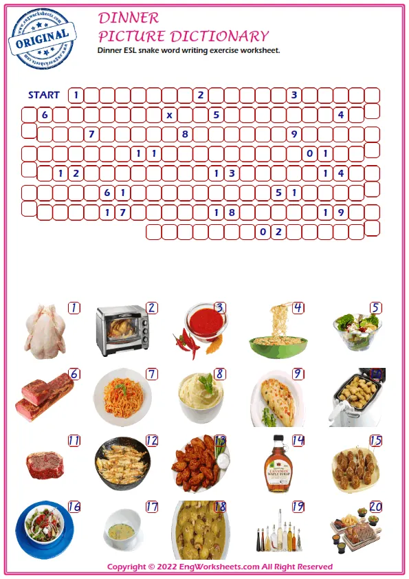 Dinner ESL snake word writing exercise worksheet. Worksheet Preview