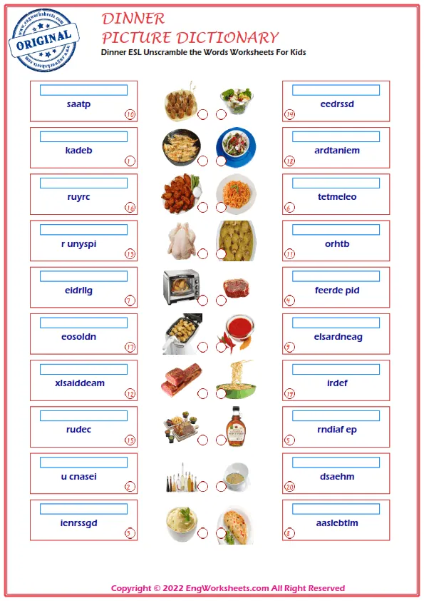Dinner ESL Printable Picture Dictionary For Kids. Draw And Match The Words And Pictures. Worksheet Preview