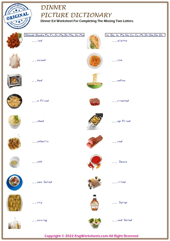 Dinner Esl Worksheet For Completing The Missing Two Letters. Worksheet Preview