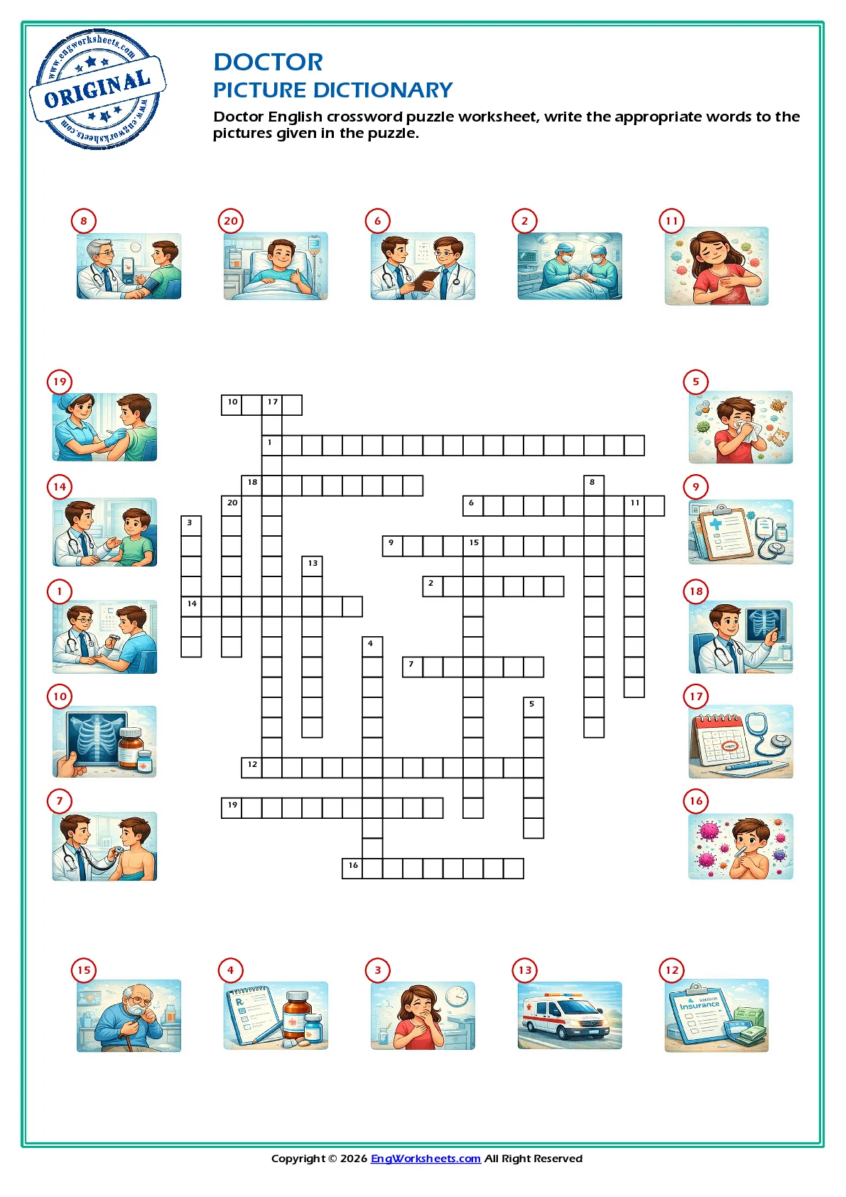 Doctor English crossword puzzle worksheet, write the appropriate words to the pictures given in the puzzle. Worksheet Preview