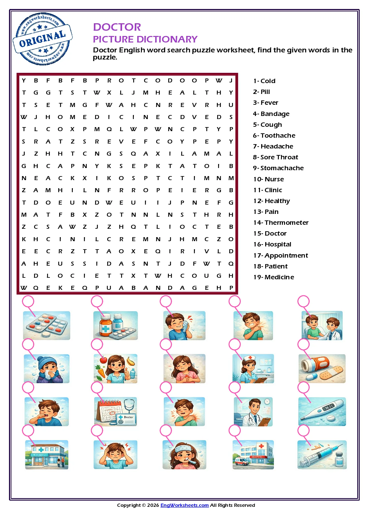 Doctor English word search puzzle worksheet, find the given words in the puzzle. Worksheet Preview