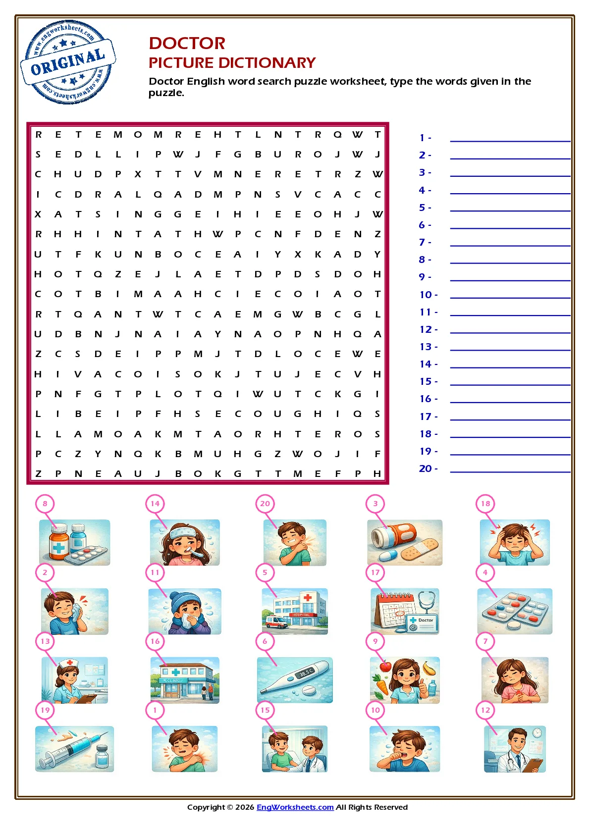 Doctor English word search puzzle worksheet, type the words given in the puzzle. Worksheet Preview