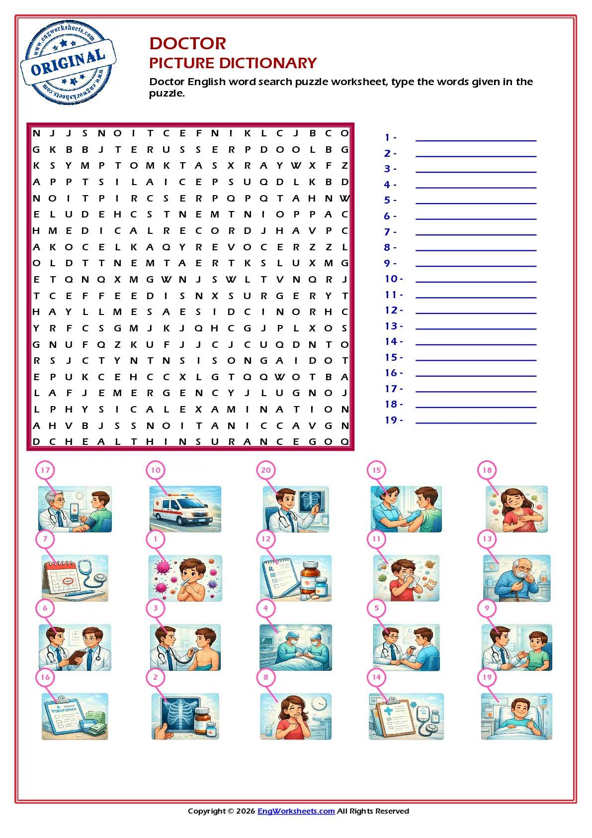 Doctor English word search puzzle worksheet, type the words given in the puzzle. Worksheet Preview