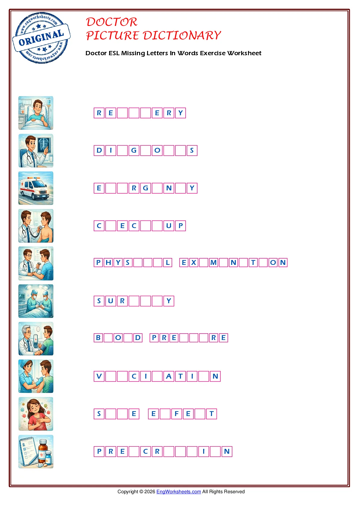 Doctor ESL Missing Letters In Words Exercise Worksheet Worksheet Preview