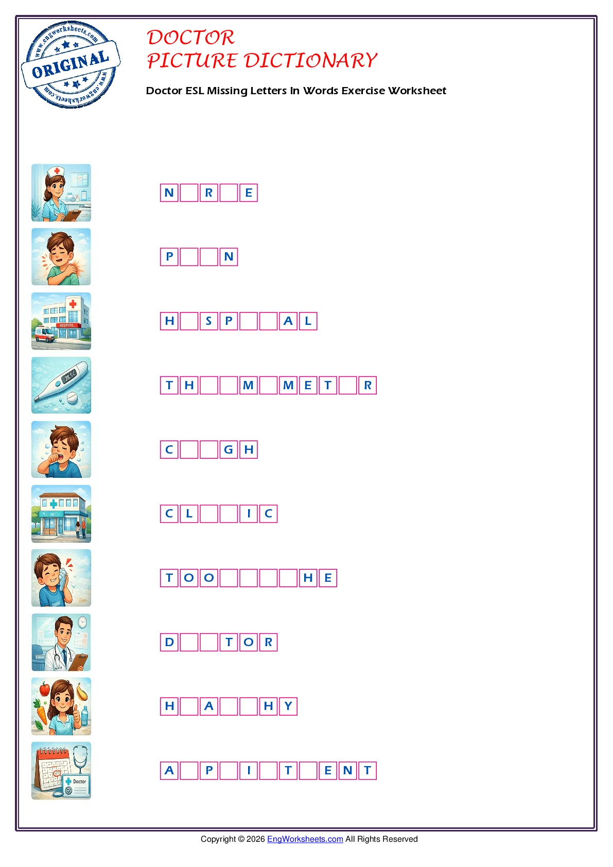 Doctor ESL Missing Letters In Words Exercise Worksheet Worksheet Preview