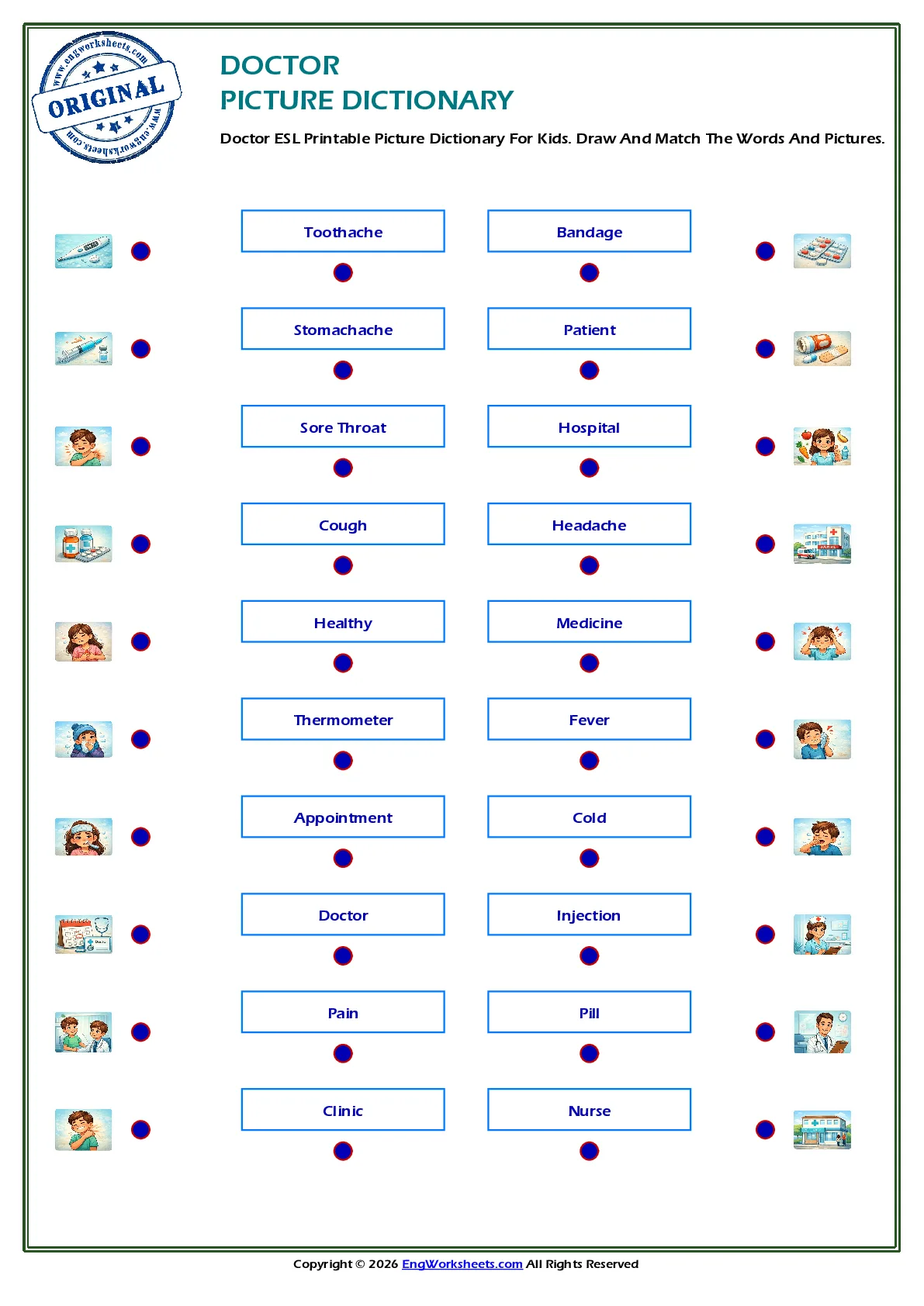 Doctor ESL Printable Picture Dictionary For Kids. Draw And Match The Words And Pictures. Worksheet Preview