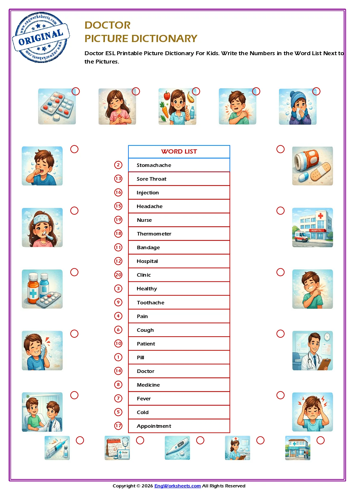 Doctor ESL Printable Picture Dictionary For Kids. Write the Numbers in the Word List Next to the Pictures. Worksheet Preview