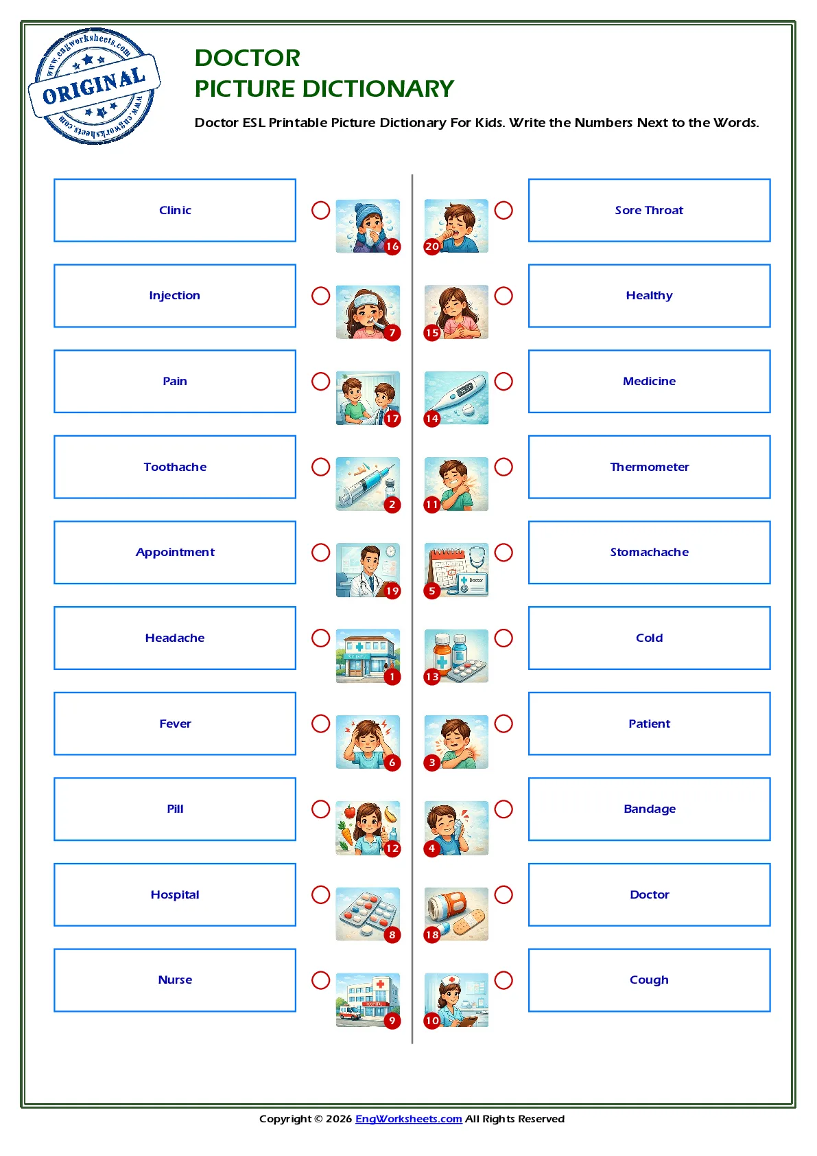 Doctor ESL Printable Picture Dictionary For Kids. Write the Numbers Next to the Words. Worksheet Preview