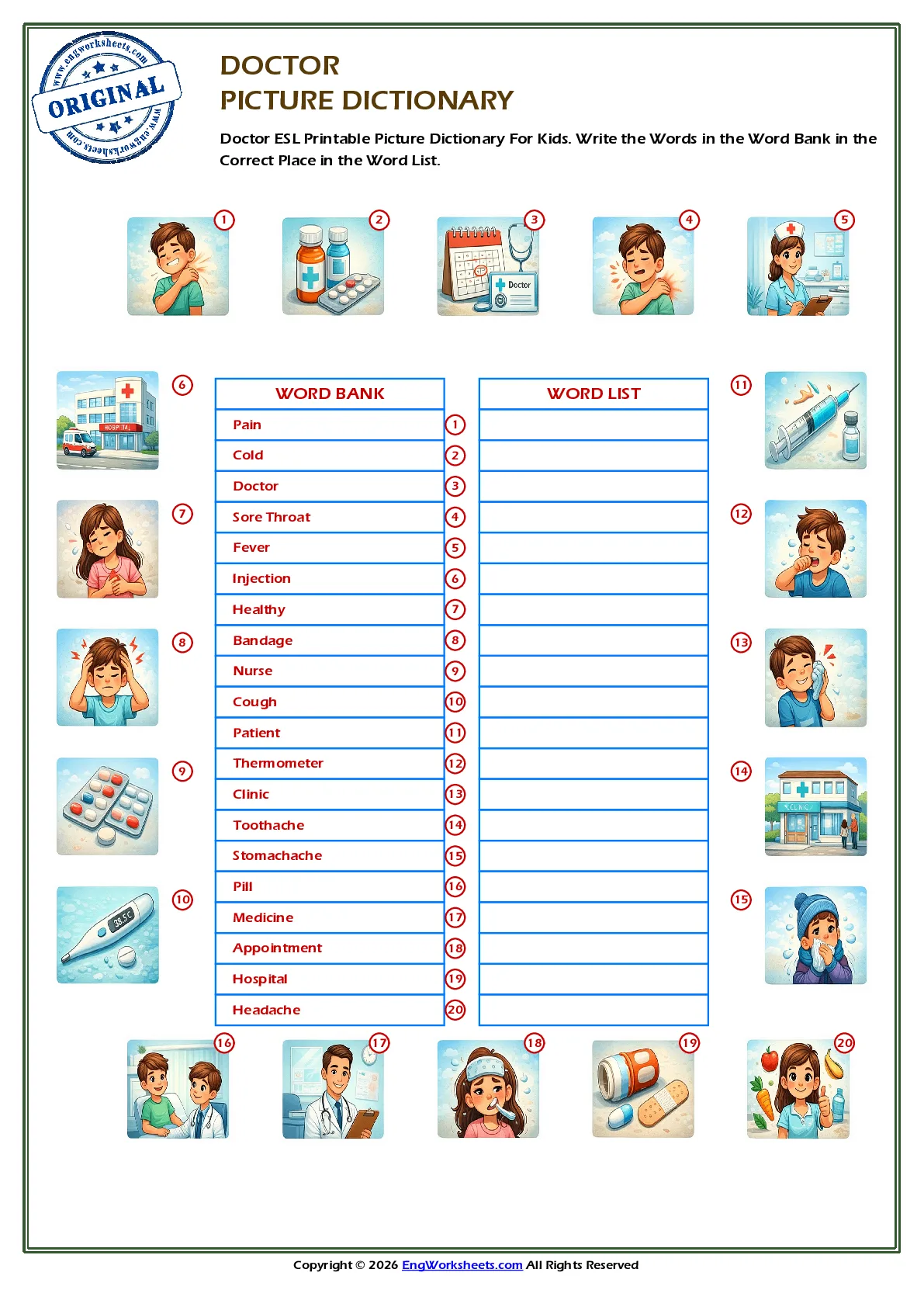 Doctor ESL Printable Picture Dictionary For Kids. Write the Words in the Word Bank in the Correct Place in the Word List. Worksheet Preview