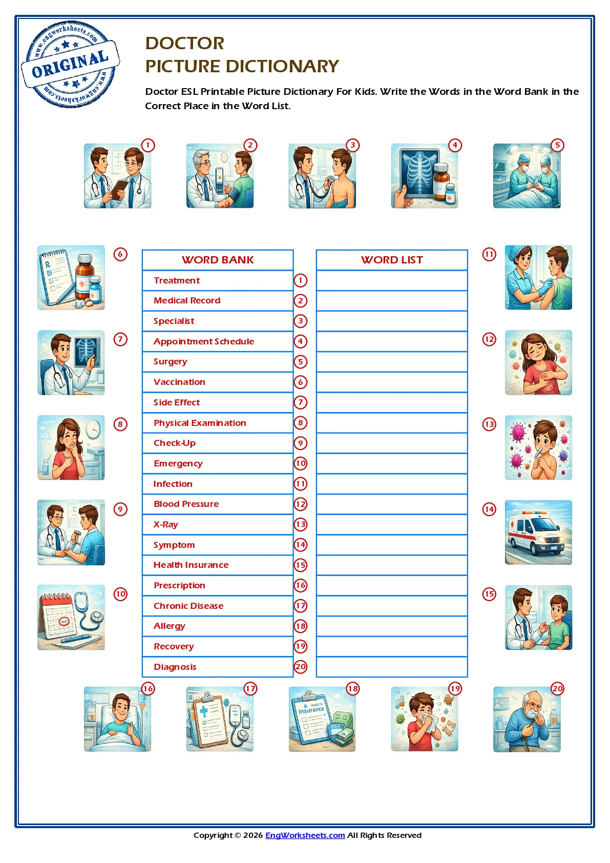 Doctor ESL Printable Picture Dictionary For Kids. Write the Words in the Word Bank in the Correct Place in the Word List. Worksheet Preview