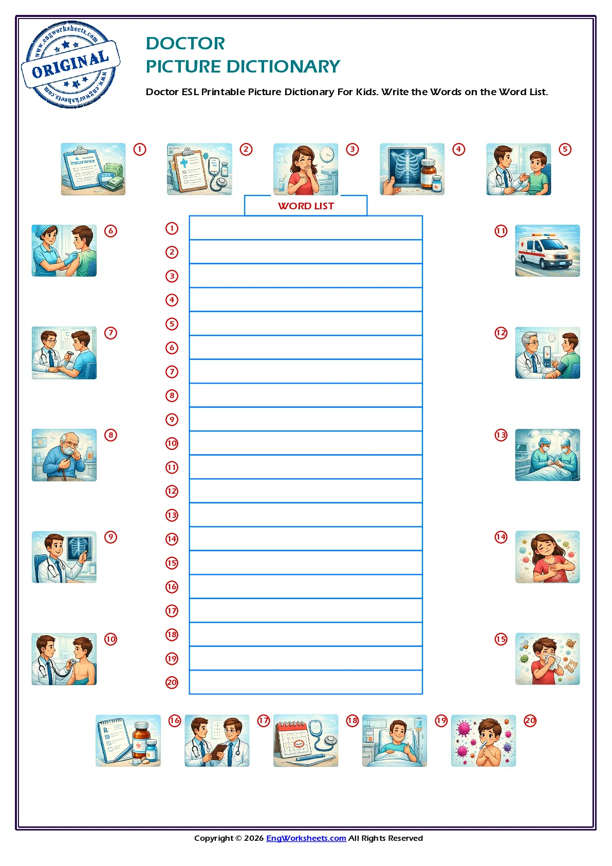 Doctor ESL Printable Picture Dictionary For Kids. Write the Words on the Word List. Worksheet Preview