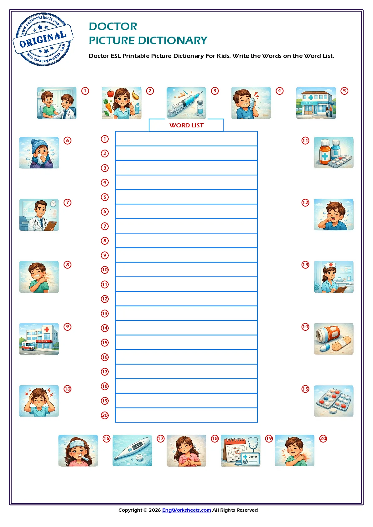 Doctor ESL Printable Picture Dictionary For Kids. Write the Words on the Word List. Worksheet Preview