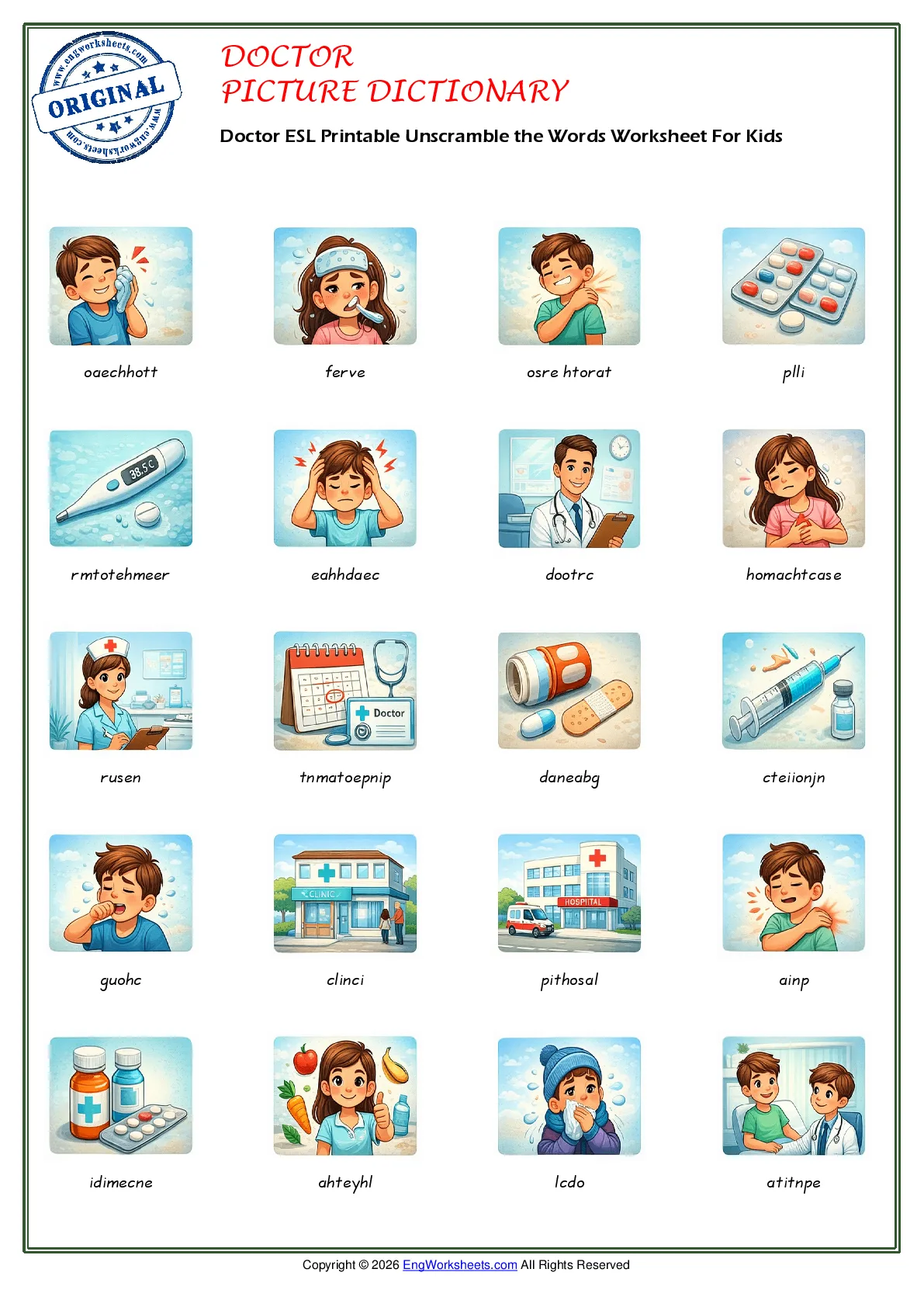 Doctor ESL Printable Unscramble the Words Worksheet For Kids Worksheet Preview