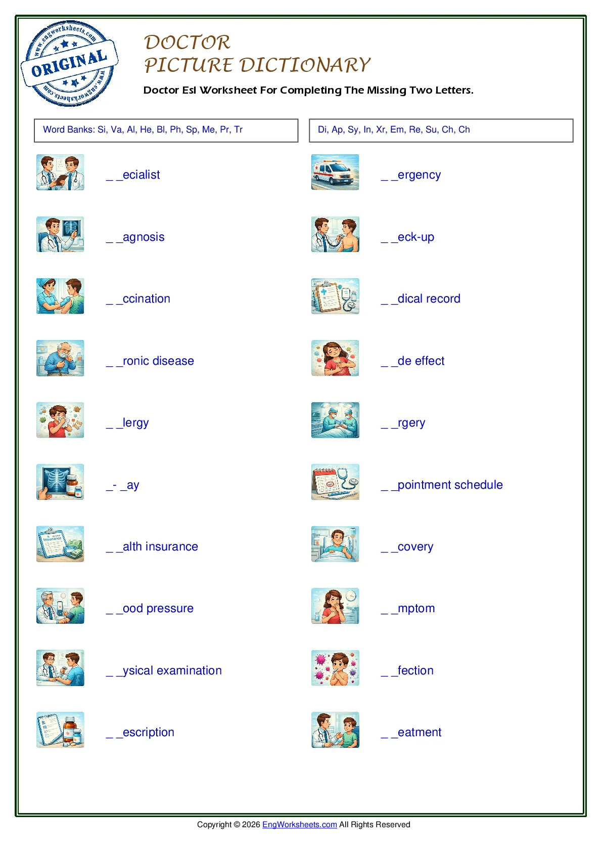 Doctor Esl Worksheet For Completing The Missing Two Letters. Worksheet Preview