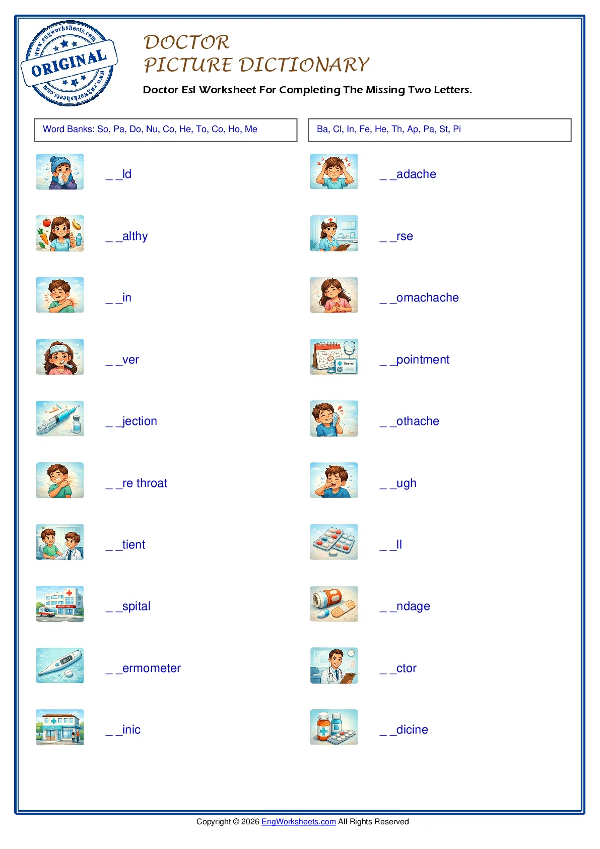 Doctor Esl Worksheet For Completing The Missing Two Letters. Worksheet Preview