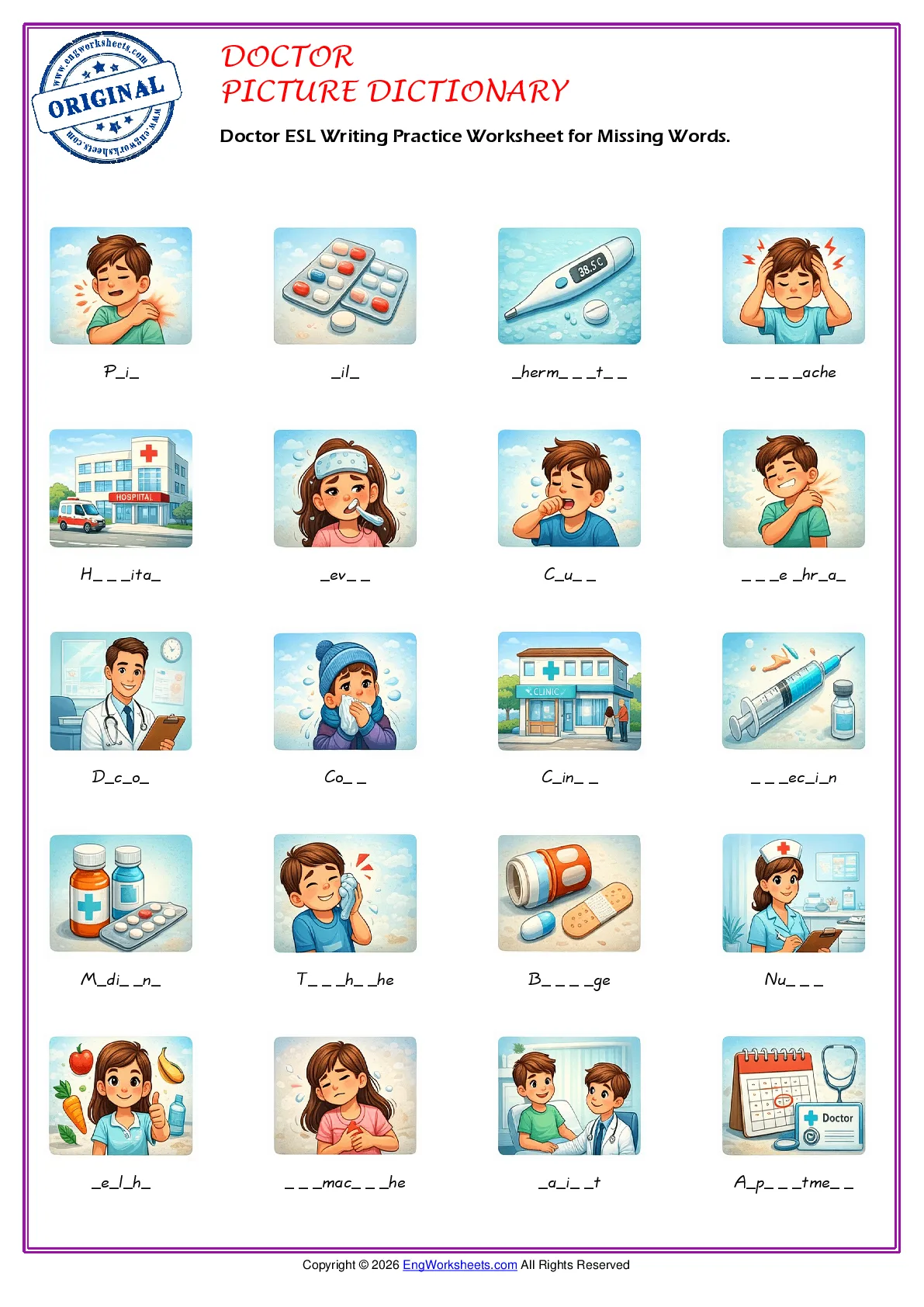 Doctor ESL Writing Practice Worksheet for Missing Words. Worksheet Preview