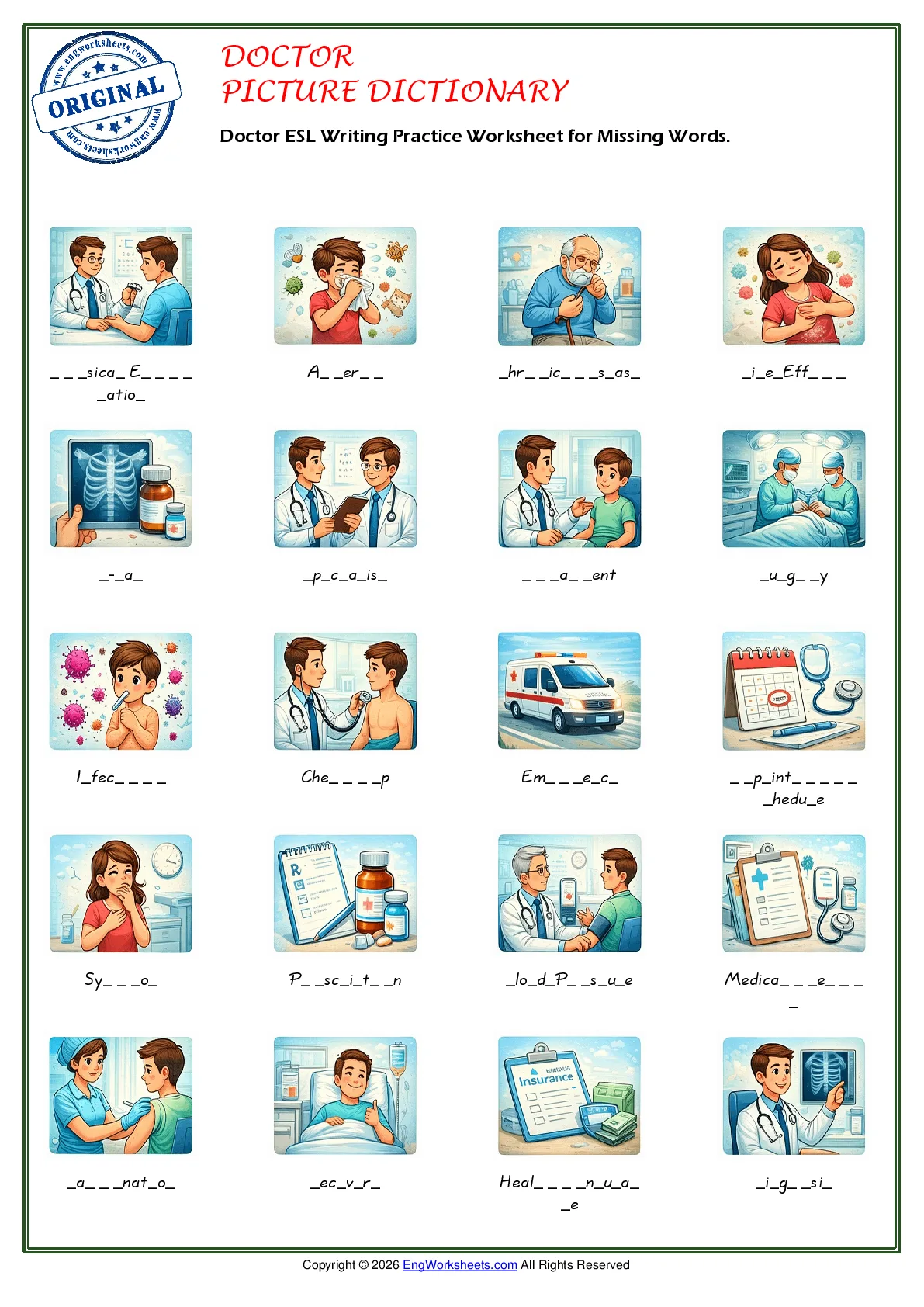 Doctor ESL Writing Practice Worksheet for Missing Words. Worksheet Preview