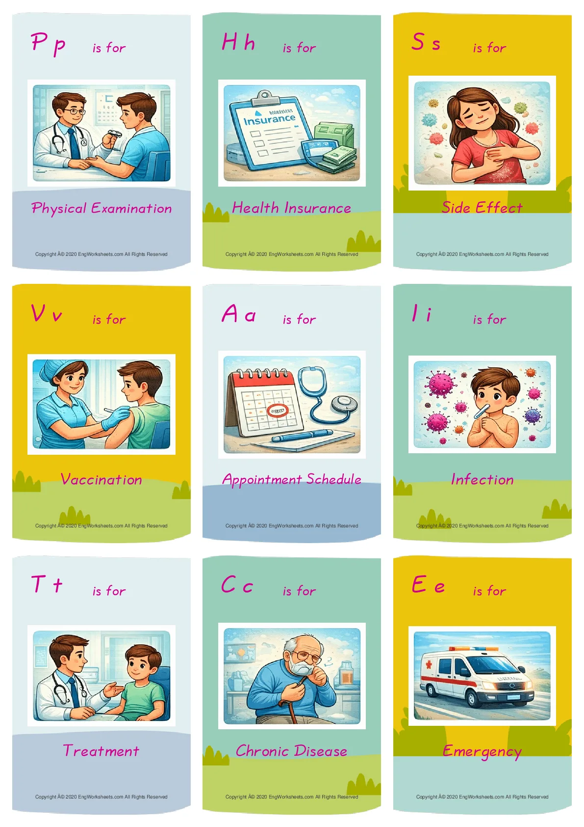 Doctor vocabulary worksheet with words, nine images per page
