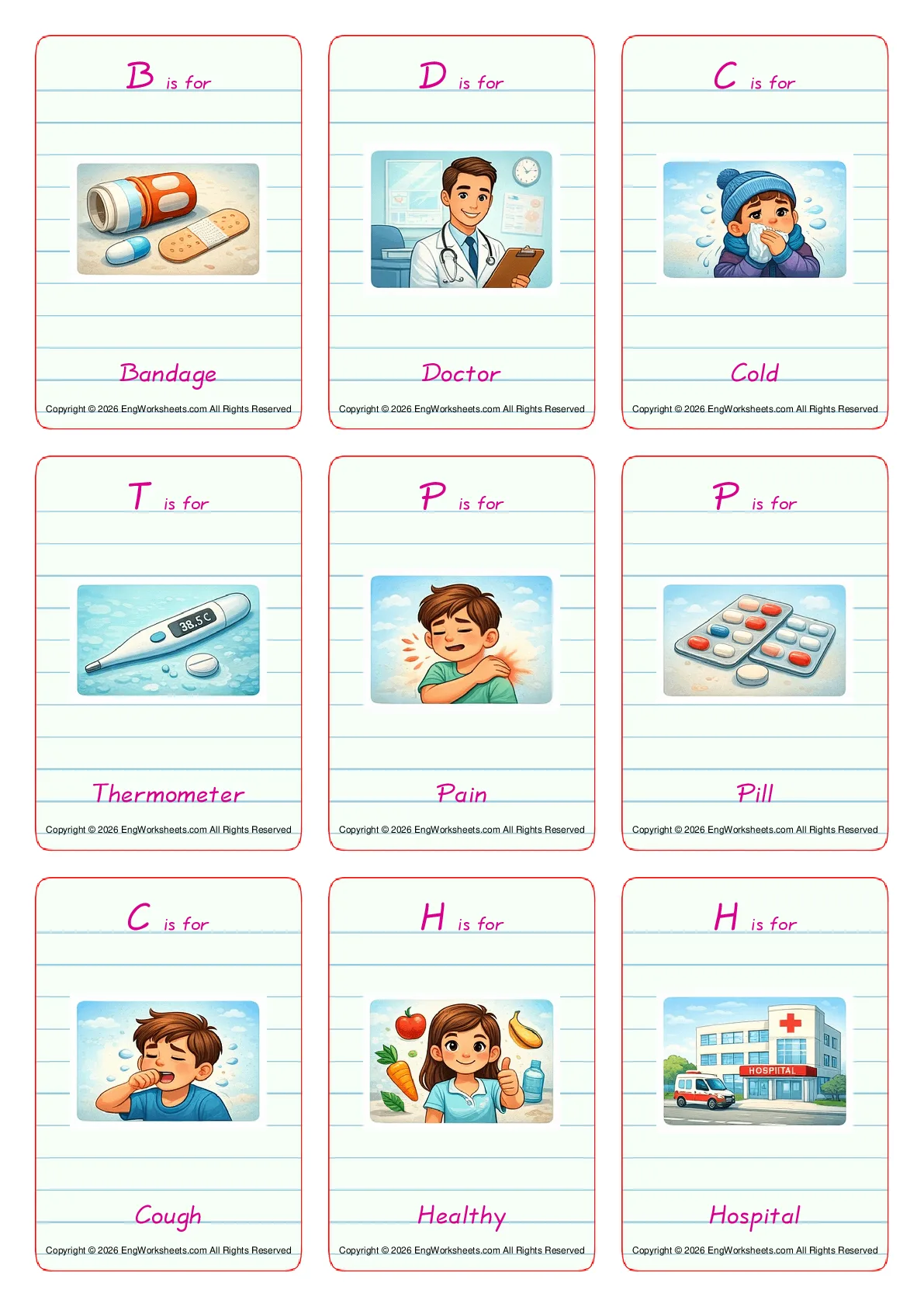 Doctor vocabulary worksheet with words, nine images per page