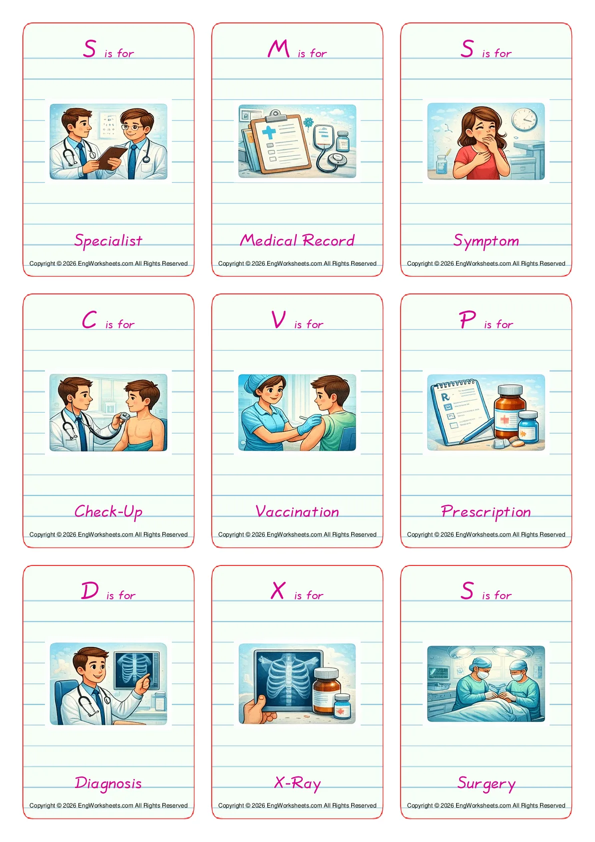Doctor vocabulary worksheet with words, nine images per page