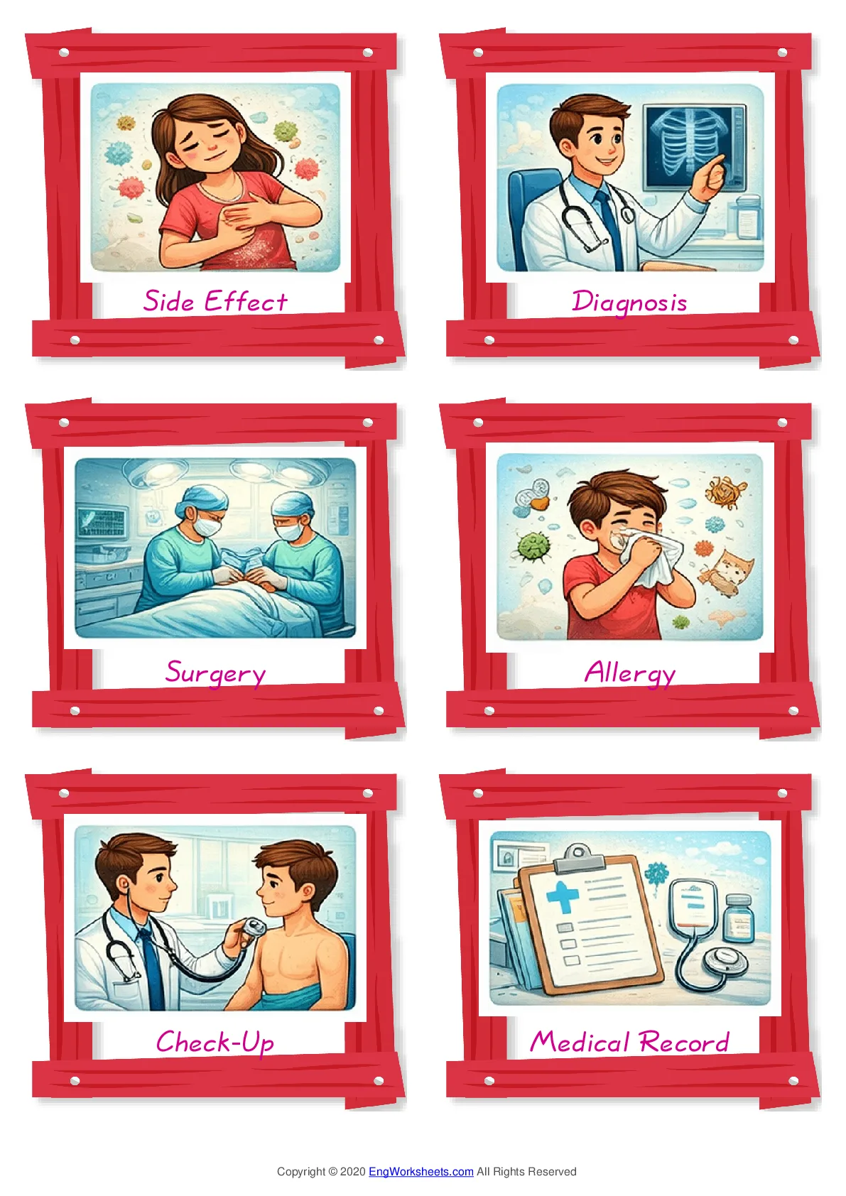 Doctor vocabulary worksheet with words, six images per page