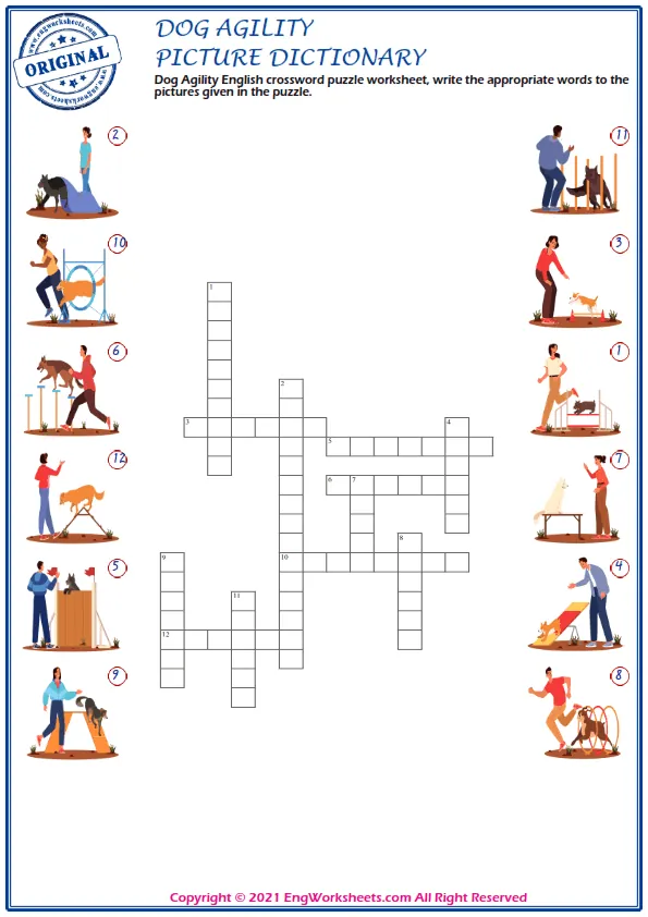 Dog Agility English crossword puzzle worksheet, write the appropriate words to the pictures given in the puzzle. Worksheet Preview