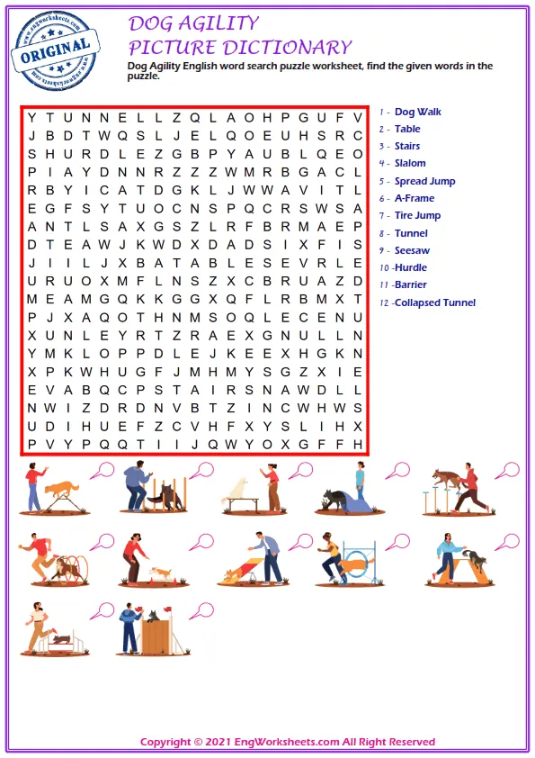 Dog Agility English word search puzzle worksheet, find the given words in the puzzle. Worksheet Preview