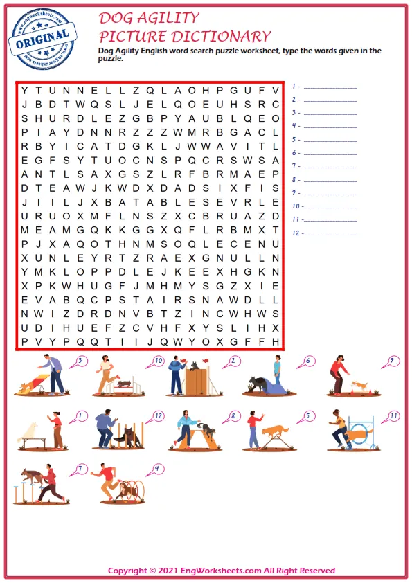 Dog Agility English word search puzzle worksheet, type the words given in the puzzle. Worksheet Preview