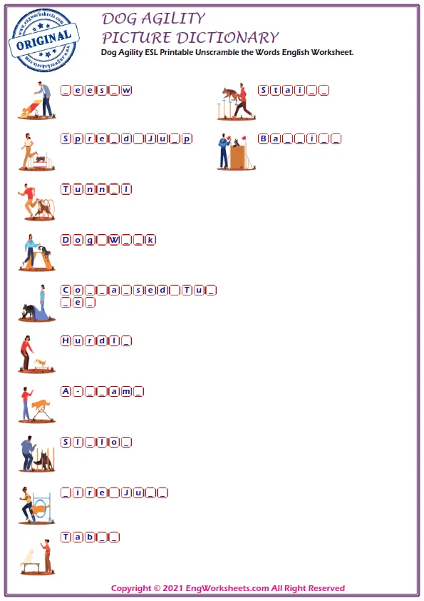 Dog Agility ESL Printable Unscramble the Words English Worksheet. Worksheet Preview