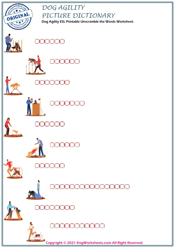 Dog Agility ESL Printable Unscramble the Words Worksheet. Worksheet Preview