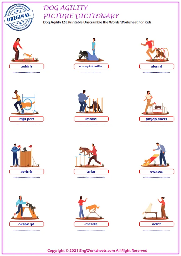 Dog Agility ESL Printable Unscramble the Words Worksheet For Kids Worksheet Preview