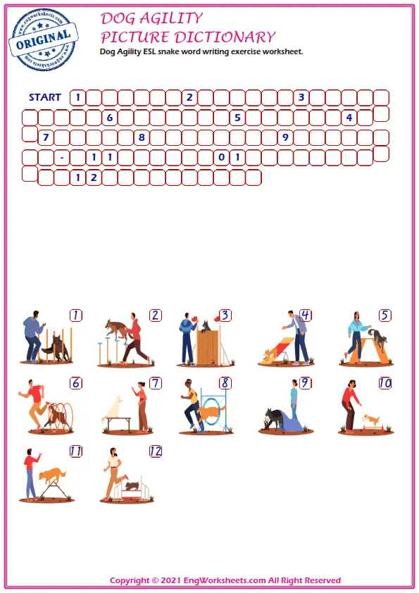 Dog Agility ESL snake word writing exercise worksheet. Worksheet Preview