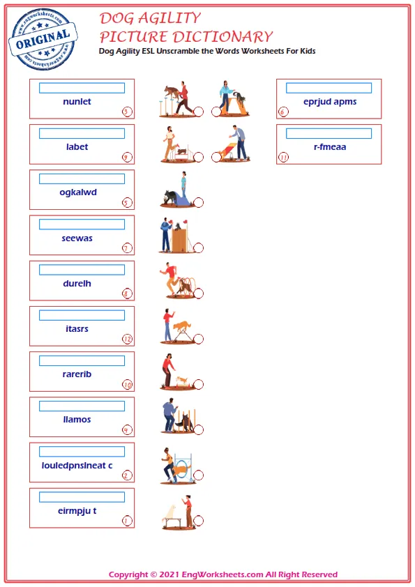 Dog Agility ESL Unscramble the Words Worksheets For Kids Worksheet Preview