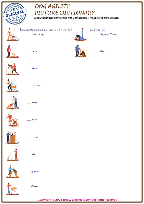 Dog Agility Esl Worksheet For Completing The Missing Two Letters. Worksheet Preview
