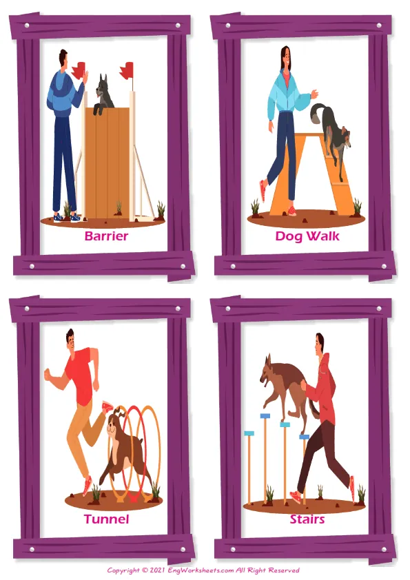 Dog Agility vocabulary worksheet with words, four images per page