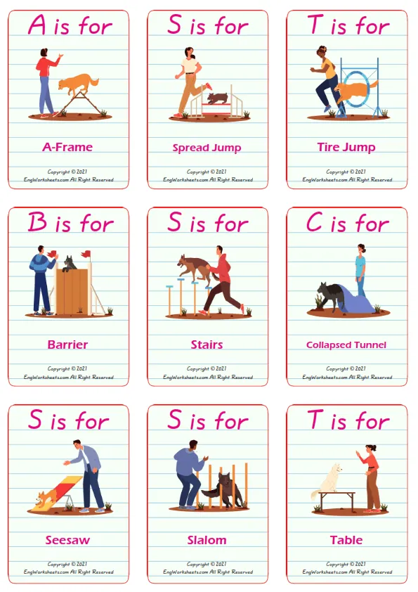 Dog Agility vocabulary worksheet with words, nine images per page