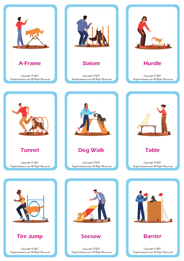 Dog Agility vocabulary worksheet with words, nine images per page