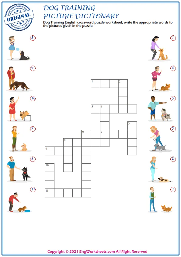 Dog Training English crossword puzzle worksheet, write the appropriate words to the pictures given in the puzzle.