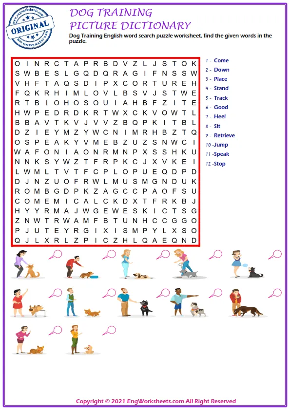 Dog Training English word search puzzle worksheet, find the given words in the puzzle.