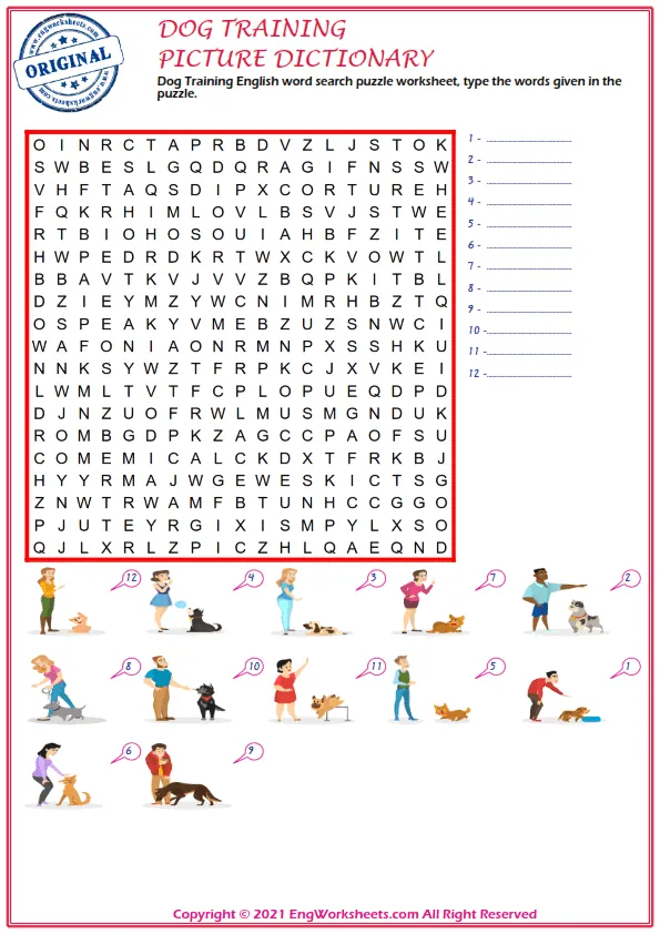 Dog Training English word search puzzle worksheet, type the words given in the puzzle.
