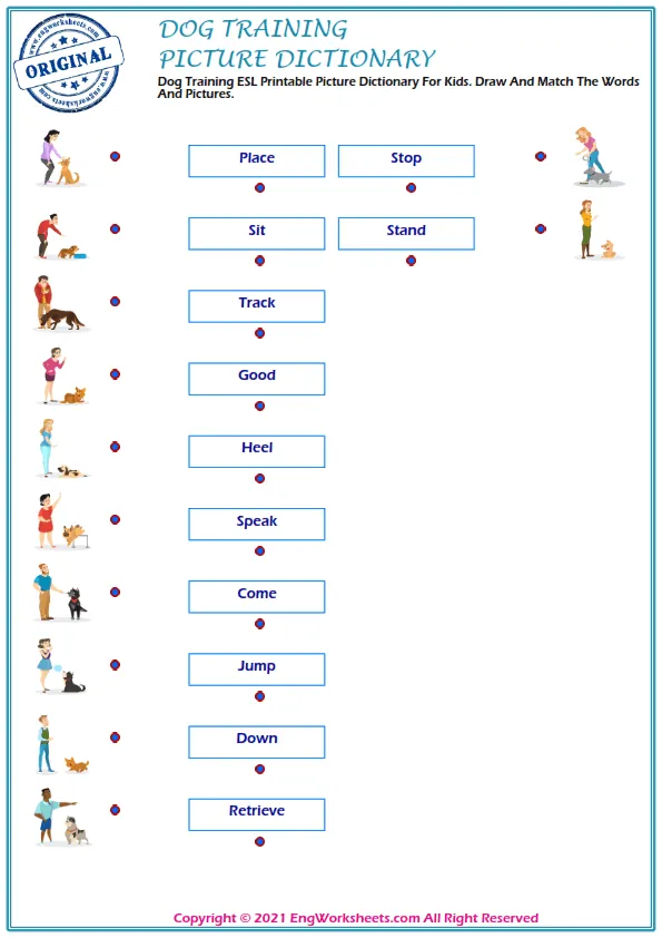 Dog Training ESL Printable Picture Dictionary For Kids. Draw And Match The Words And Pictures.