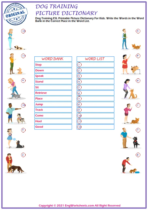 Dog Training ESL Printable Picture Dictionary For Kids. Write the Words in the Word Bank in the Correct Place in the Word List.