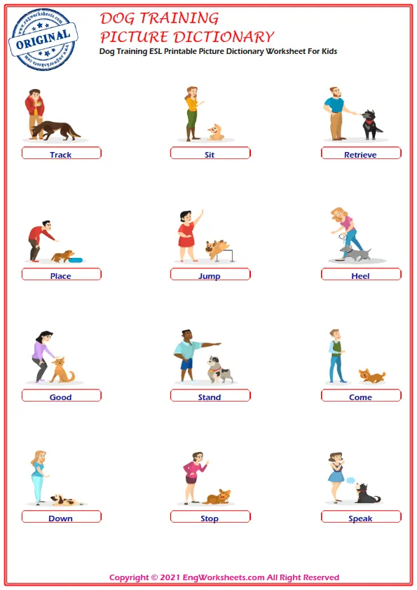 Dog Training ESL Printable Picture Dictionary Worksheet For Kids
