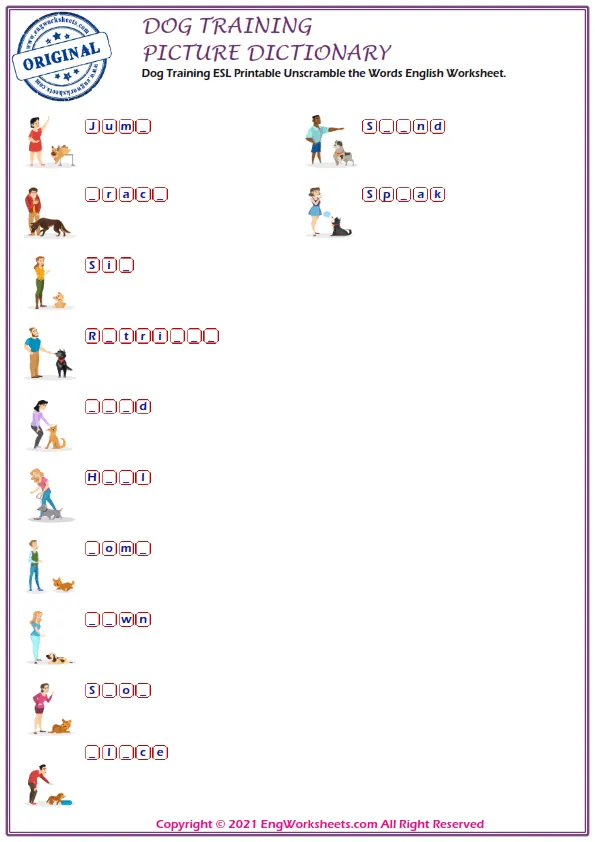 Dog Training ESL Printable Unscramble the Words English Worksheet.