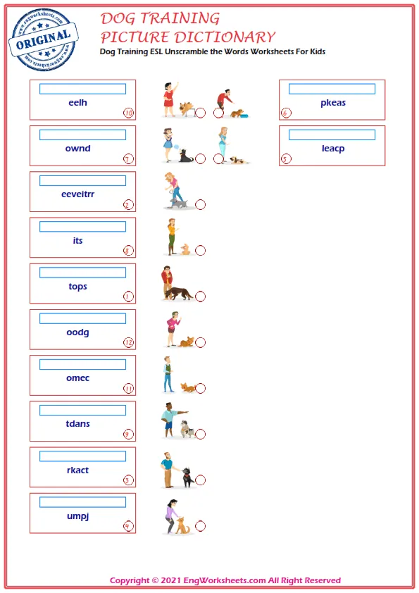 Dog Training ESL Unscramble the Words Worksheets For Kids