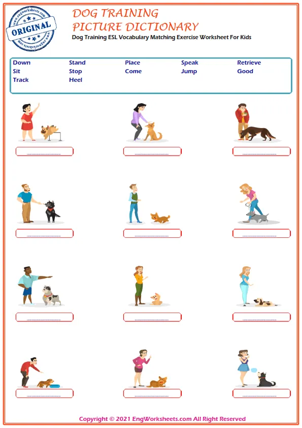 Dog Training ESL Vocabulary Matching Exercise Worksheet For Kids