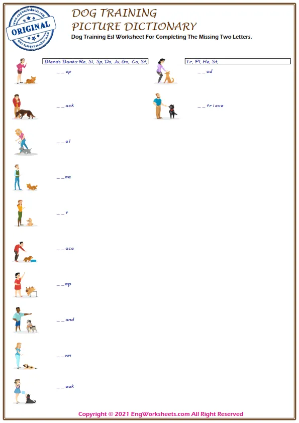 Dog Training Esl Worksheet For Completing The Missing Two Letters.