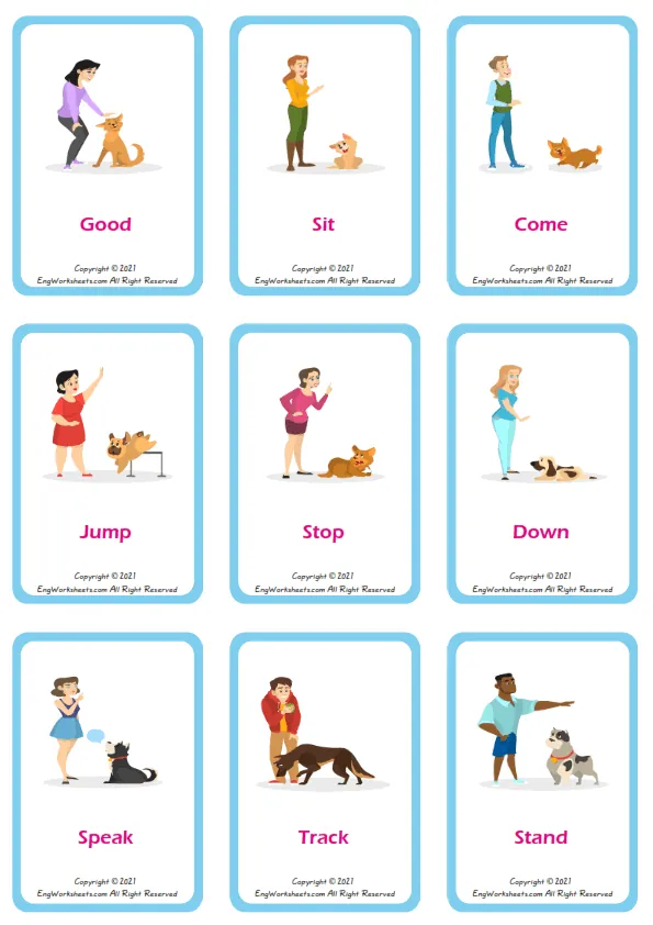Dog Training vocabulary worksheet with words, nine images per page