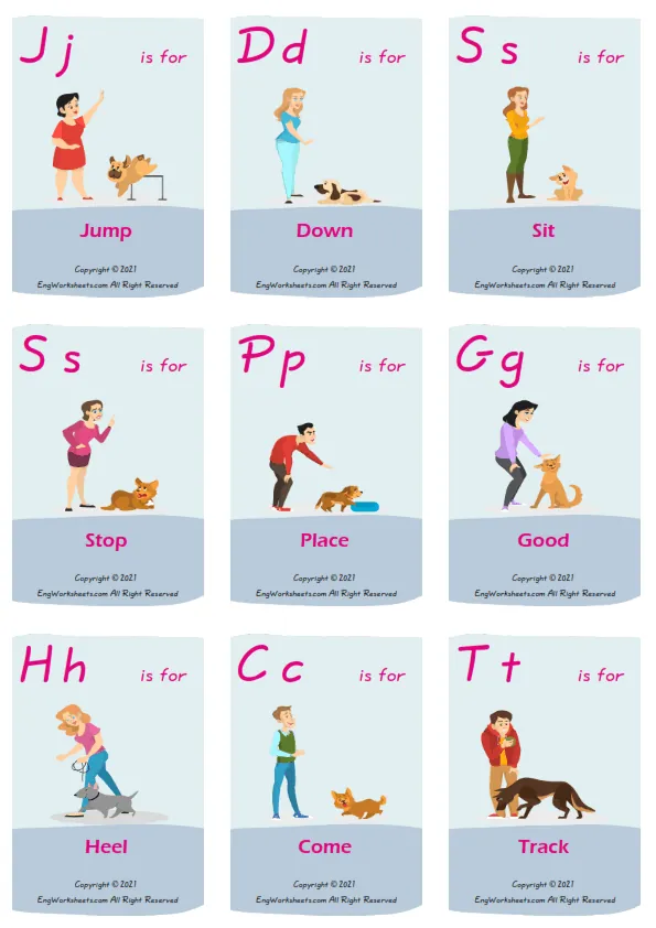Dog Training vocabulary worksheet with words, nine images per page