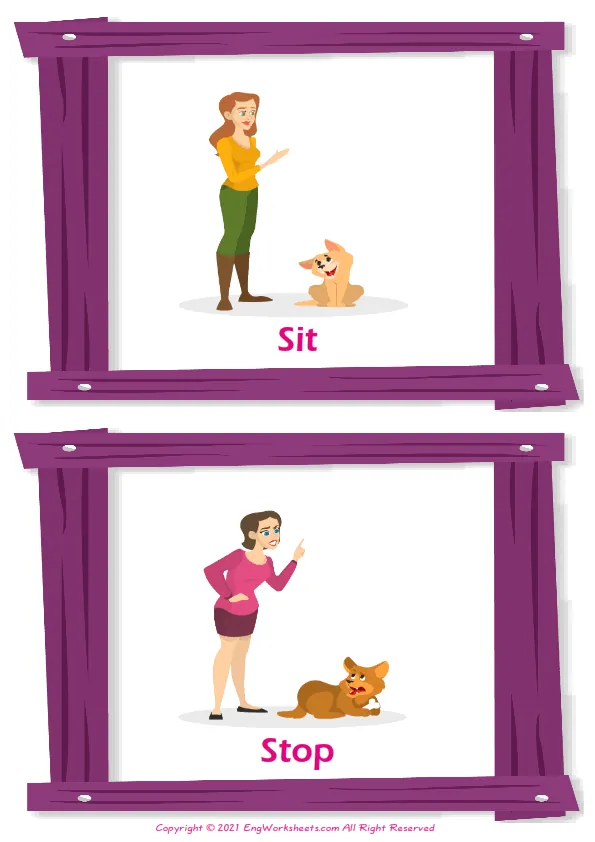 Dog Training vocabulary worksheet with words, two images per page